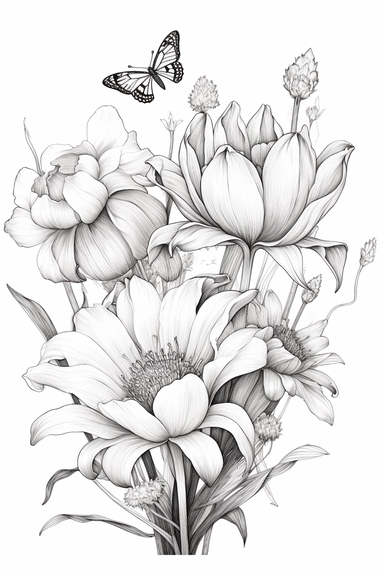 line drawing clipart of tulips and chrysanthemum in black and white