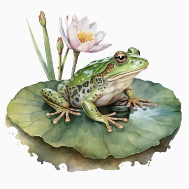 watercolor frog on Lilly pad clipart on white background