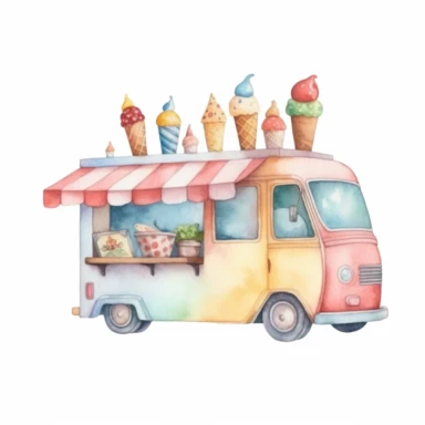 Watercolor A cheerful ice cream truck with various flavors and toppings clipart, Minimalist, isolated white background, 8k