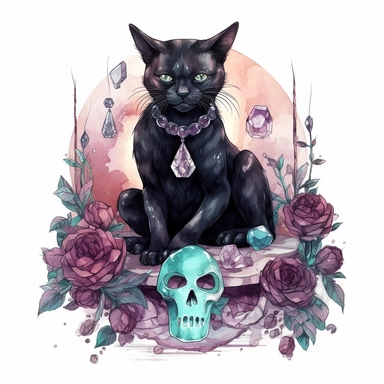 hand drawn black cat, sitting with front paw resting on a skull, flowers and crystals, shades of burgundy purple and teal, romantic and edgy, very detailed and realistic, watercolor, clipart style