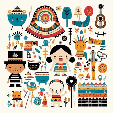 black and white collage toys and music instruments for kids inspired by inca and maya art innocent illustration design only for kids vector flat clipart 2d funny for nursery decor lineart solid colors white background only