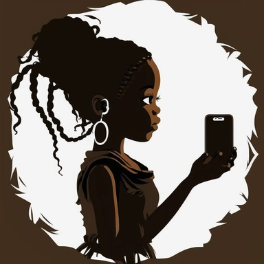 a silhouette of a young adult black girl with braids puffs holding a small mirror in her hands. clipart
