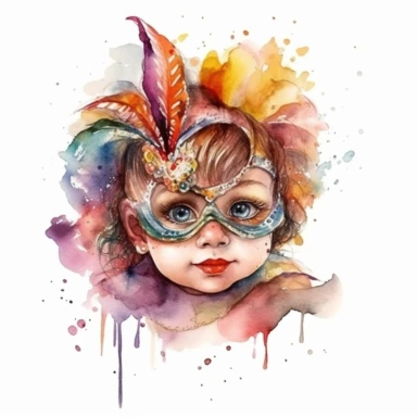 cute baby girl wearring carnival mask, mardi gras, kaluta art style pen and ink watercolor clipart,isolated on white background
