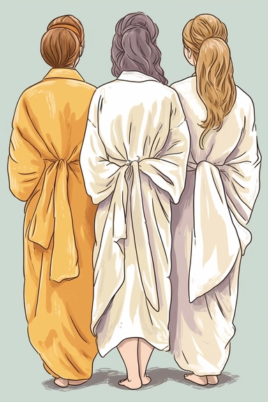 back of bride and bridesmaids on their bathrobe clipart, cartoon style