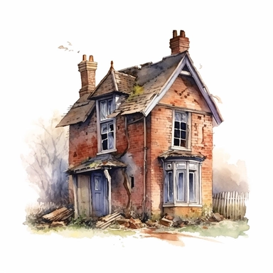 watercolour small broken and abandoned house, clipart on white background, no watermark, highly detailed, professional color gradation, clean sharpness