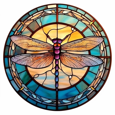 Vintage Cute Beautiful Colorful Round Faux Stained Glass Dragonfly Sublimation Clipart, Cartoon, hyper realistic, intricate detail, illustration style, high solution, on the white background