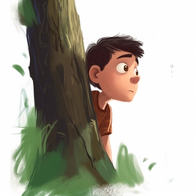 a boy looking behaind the tree at me, his had is poping out, pixar style, clipart