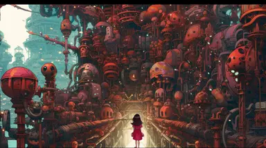 The little girl stands in the huge temple of pipes and machinery, surrounded by steam, giant gears and machine giants with their bodies cut off,an anime clipart image showing another robot in a factory, in the style of surrealistic grotesque, colorful moebius, silver and red, intricate underwater worlds, focus on joints/connections, contrast of scale,