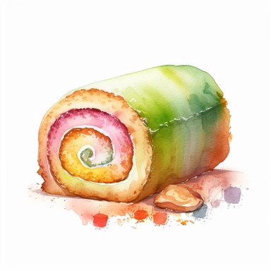 watercolour roll cake, clipart on white background, no watermark, highly detailed, professional color gradation, clean sharpness