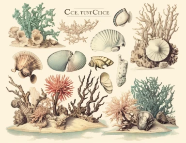 Vintage ocean coastal elements pencil sketch, ephemera paper with ornate page border illustrations, greeting card design, old botanical books style drawing, vintage, distressed textures, muted colors, craft paper texture, handwriting lines in background, pen and ink on paper with watercolor washes Watercolor, vector, white background, rice paper texture, clipart, flat illustration, outlined , Vector, 4K, Art station, digital print, highly detailed clean, detailed illustration, 3D vector art, cut