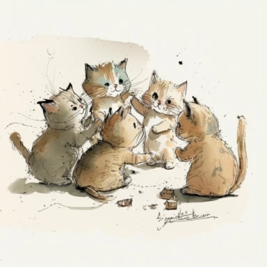 watercolor and pencil drawing of an an anthropomorphic litter of kittens playing, happy, gentle smile, beautiful watercolor ink wash coloring, thick pencil lines, Jon klassen, beatrix potter, popular on etsy, watercolor illustrations clipart, watercolor illlustrations for kids and children, plain white background
