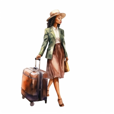 watercolor style, travelling african american business woman in classic clothes and trolley suitcase, realistic. Clipart, isolated on white background, 4K