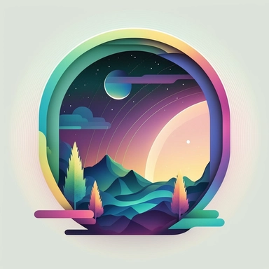 logo, geometric frame, vector, clipart, modern, northern lights, planets, outer space, cartoon, clean lines,