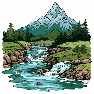 river flowing down mountain clipart