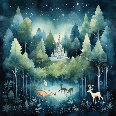 Enchanted Forest watercolor hyperdetailed ultra realistic clipart featuring a magical forest with talking animals and sparkling fairy dust , style of Anna Süßbauer and Jon Klassen,cinematic,Photography,Vector,Solid Background , masterpiece, trending on Artstation and Dribbble.--ar 3:2