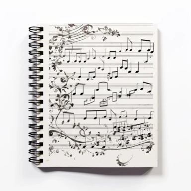 Notebook with sheet music clip art, white background