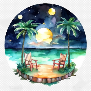 night sky with stars twinkling lights. Watercolor circle landscapes summer by the sea coconut trees sea waves chair beach umbrella in circle png Full body realistic cartoon 32k UHD cute. 15 cm thick outline. Black color. There was no shadow on the ground. with realistic watercolors and detailed illustrations. PNG clipart, transparent white background