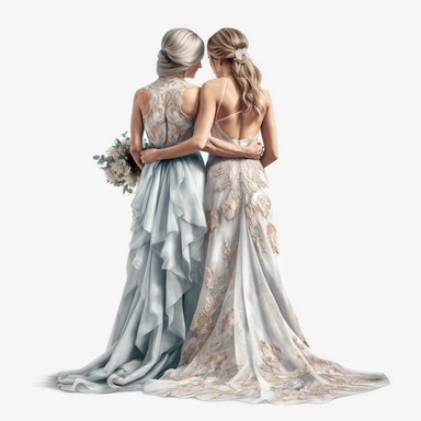 back view bride in a long gown, with her mother, hugging, fashion illustration clipart, octane rendering, hyperrealistic, watercolor effect, hd, transparent background, high detail, 8k