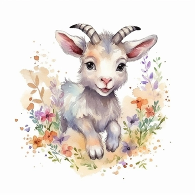 a running baby horned goat with cute big eyes, happy smiling face, cute animal, adorable, playful atitude, adorable watercolor animal clipart with a few plant and flower decor, no background, high quality