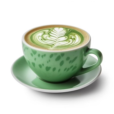Side view of hot latte coffee with latte art in a green cup and saucer isolated on white background with clipping path inside