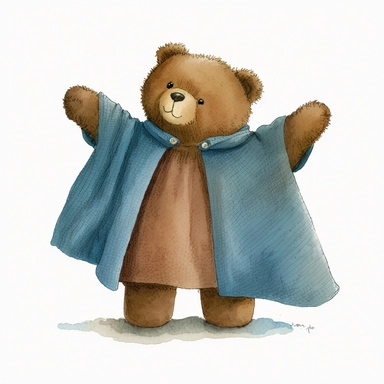 Watercolor brown fluffy jointed plain Teddy Bear clipart, wearing a blue cape, stood up and waving, white back ground, no captions or text