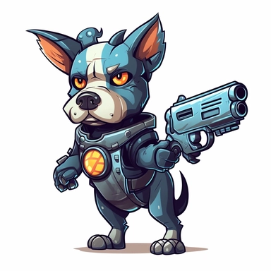 cartoon cyborg dog character holding a pistol, clipart
