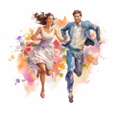 closeup photo of wedding couple in watercolor, Athletic couple with joyful expressions, running towards a blooming garden, watercolor, Pixar style, Clipart on a white background