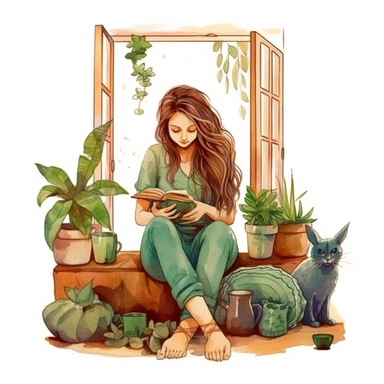 A boho style realistic cute boho girl with a cute cat at the boho style home with watercolor effect,boho style tools,boho style big window,boho style details,boho colors,suitable for digital clipart,white background,boho style green plants,boho flowers,realistic features Clipart ,Cartoon,hyper realistic, intricate detail, illustration style,high solution,on the white background