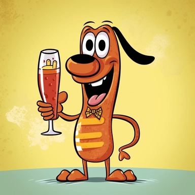 Hanna-Barbera illustrated Drunk Frankfurter, retro drunk character illustration, Volk Clip Books of Line Art, retro sausage illustration, retro illustration, doodle art, design, line art, minimal character design, tattoo flash design, vintage sausage illustration, black line, white background, 32K, retro illustration, retro advert illustration, black and white, minimal, sausage, Frankfurter