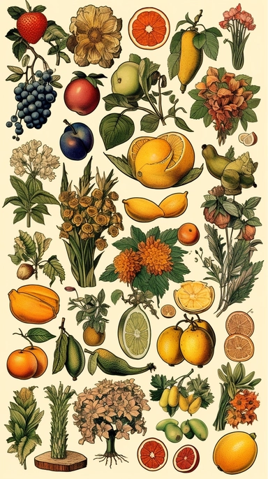 Trendy and versatile clipart collection featuring a set of clear hand drawn elements including fruits, flowers and animals, bohemian style patterns, pattern tiling, 8k resolution.