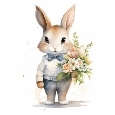 cute rabbit, standing, holding wedding bouqet, white lilies, watercolour, white background, clipart