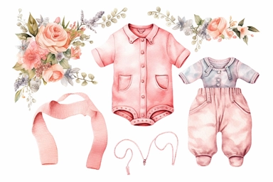 watercolor clip art illustration, baby clothes floral decoration with pastel pink, aerial view, white background