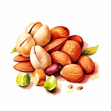 picturesque, simple, bright, the best simple mixed nuts, almond, cashew nut, pistachio, peanut, macadamia nut, in the world, clipart on white background, watercolor, painted by Beatrix Potter, 8k,