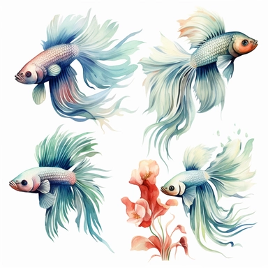 betta fish watercolor clipart set, white background with margins