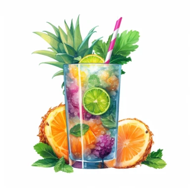 hand drawn , watercolor, hyper realistic, white background, , 16k, ultra detailed clipart, cut out image, hand-drawn, ultra HD, sharp and clean art a summe drink tropical flavored