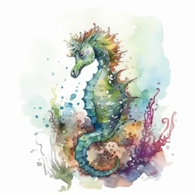 Clipart on a white background cute sea horse swimming underwater landscape, a watercolor drawing, detailed drawing, by Thomas Kinkade