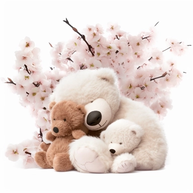 clipart of fluffy baby teddy bear sleeping in her mother's arms, cute, soft and mellow colors, cherry blossome environment, octan renderer, dept of field white background, cutout