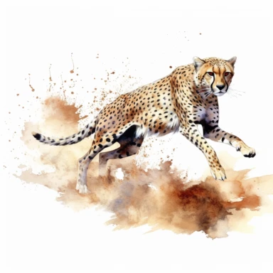 realistic watercolor cheetah running full speed while dodging rocks on the dry african land on solid white background, clipart