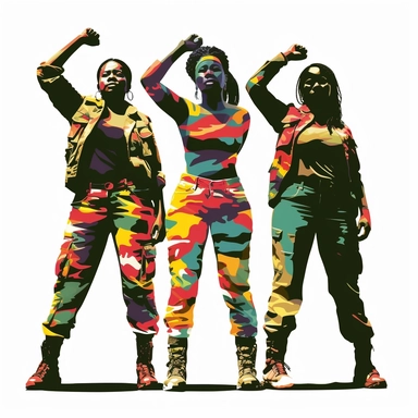 low detail illustration, sillouhette of 3 black women holding up their right fist in a proud stance, wearing camouflage pants, red, yellow, green and black, clipart, white background