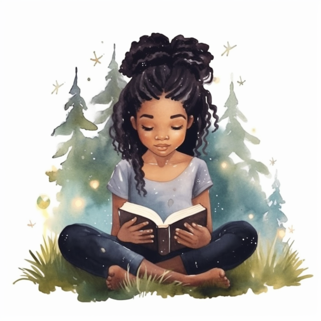 Watercolour Black Girl Reading Clipart, braids, forest library ...
