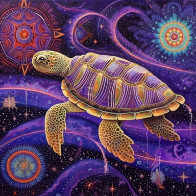 A oil painting of a turtle clipart with a surreal and fantastical design, floating in a starry sky with planets and comets. The turtle has a large body, a long neck, four wings, and a spiral tail. only four legs. Its shell is covered with intricate patterns and symbols in glowing colors. The background is a dark purple sky, creating a contrast with the turtle’s luminous appearance. The painting has a magical and mysterious style, with an imaginative use of elements and colors. The perspective is