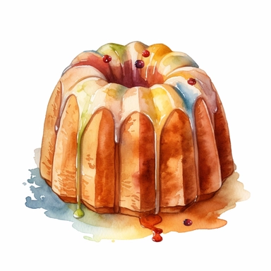 watercolour bundt cake, clipart on white background, no watermark, highly detailed, professional color gradation, clean sharpness