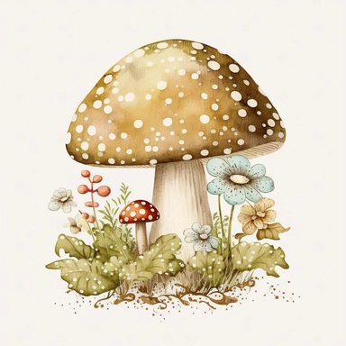 woodland mushroom, archive illustration, cute, white background, clipart