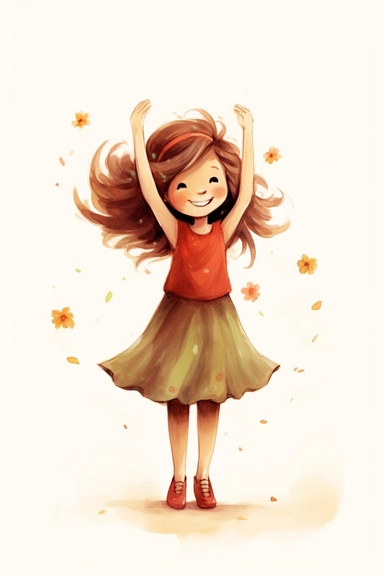 Love in you, girl, dancing, full body, happy face, brown hair, flower on head, red shirt, skirt, beautiful thoughts, self love, self confidence, watercolor, simply drawn for children book, handrawn watercolor graphic clipart, beige background, 16k