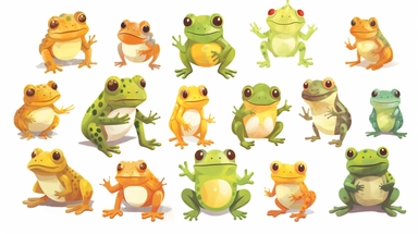 Frogs vector clipart vector Frogs cute collection, in the style of #screenshotsaturday, flat areas of color, flat color blocks, 1970–present, rough-edged 2d animation, lightbox, colorful animation stills