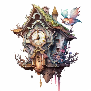 a hyper-detailed illustration watercolor clipart,watercolor cartoon of cuckoo clock on wall isolated on white background with margins, cut-out images,shinkai makoto