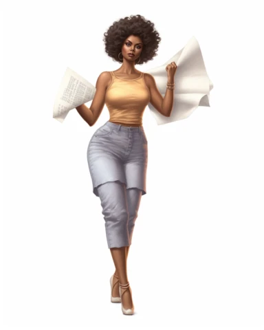 Full body shot, advertising, Clipart beautiful Afro Cuban American woman holds up a blank sheet of paper in her hands, in the style of afro-caribbean influence, hyperrealistic illustrations, intense gaze, detailed character design, porcelain, high resolution, thick texture