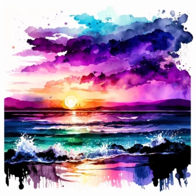 Purple Black Green Mix Leonid Afremov Style Watercolor Beach Ocean Sunset Clipart, Colorful and white Background