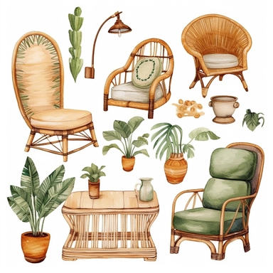 beautiful boho furniture, neutral tones, watercolor clipart, solid white background, hard edges, smooth