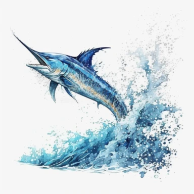 Watercolor drawing of a marlin jumping out of a foamy ocean wave, playful, happy. Marine clipart. Ocean, sea creature